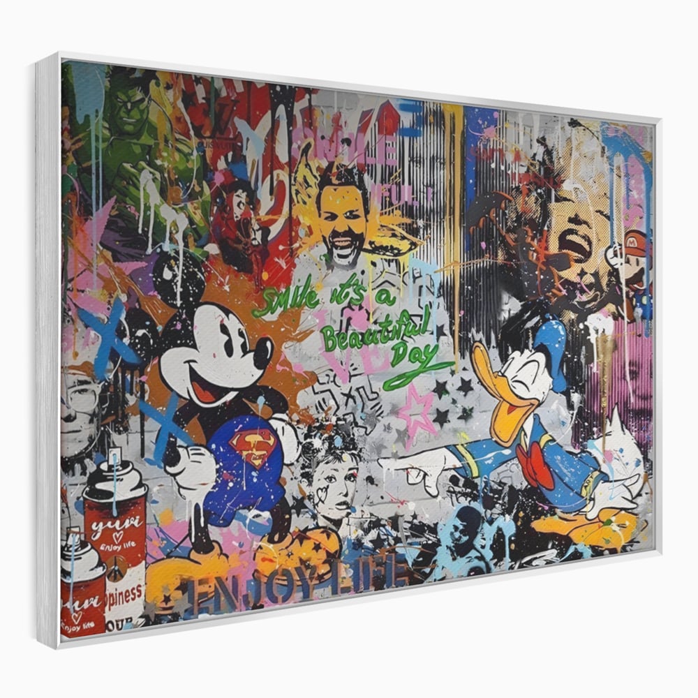 Tablou canvas cu tablou canvas cu graffiti si desene animate, in rama de aluminiu argintiu